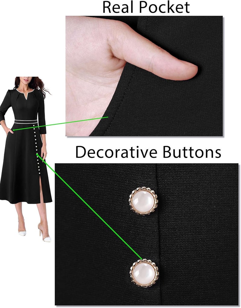 VFSHOW Womens Pleated Notch V Neck Front Slit Buttons Pockets Office Business Work Slim A-line Fit and Flare Midi Dress - Image 4